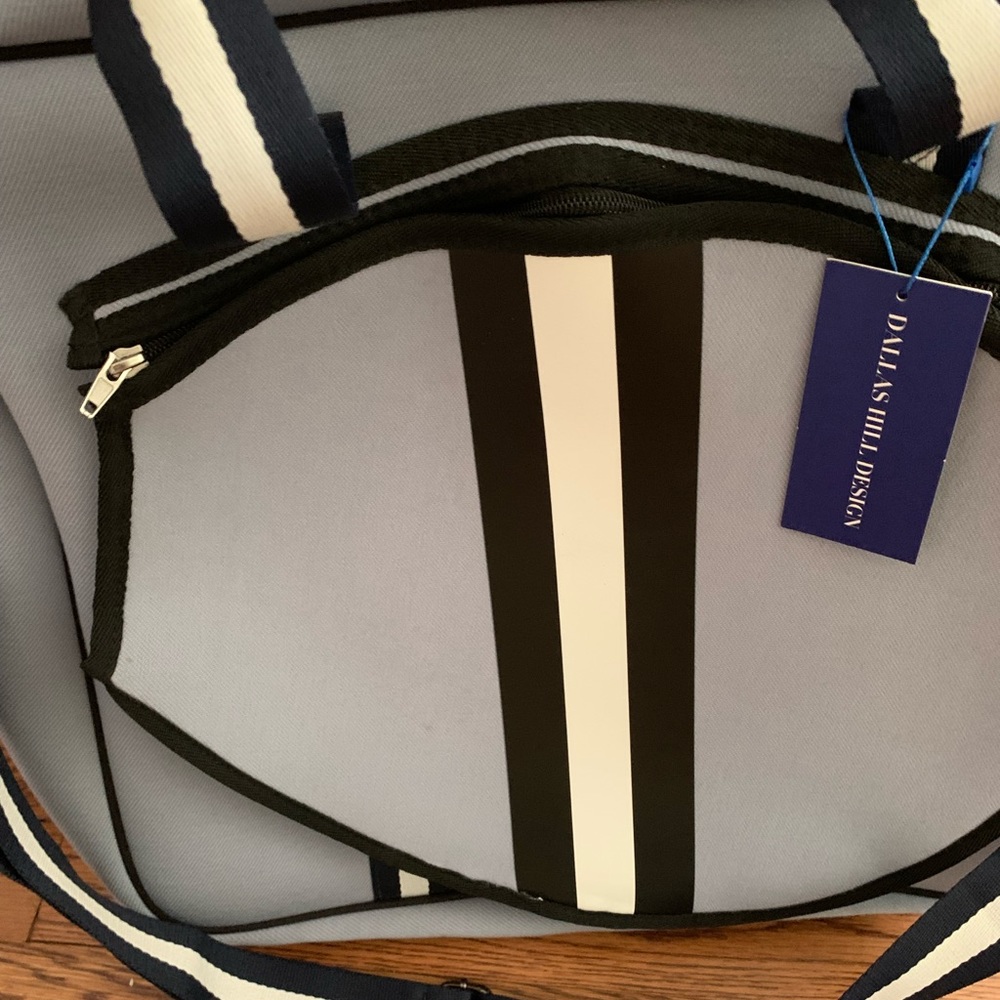 Light Blue Striped Tote Bag with Crossbody Strap - Picture 6 of 8
